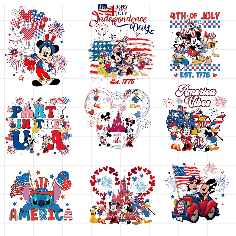 May include: Nine graphic designs featuring Disney characters celebrating the 4th of July. Designs include Mickey Mouse, Minnie Mouse, Donald Duck, and Stitch, with patriotic themes, fireworks, and the text "Happy 4th of July" and "America".