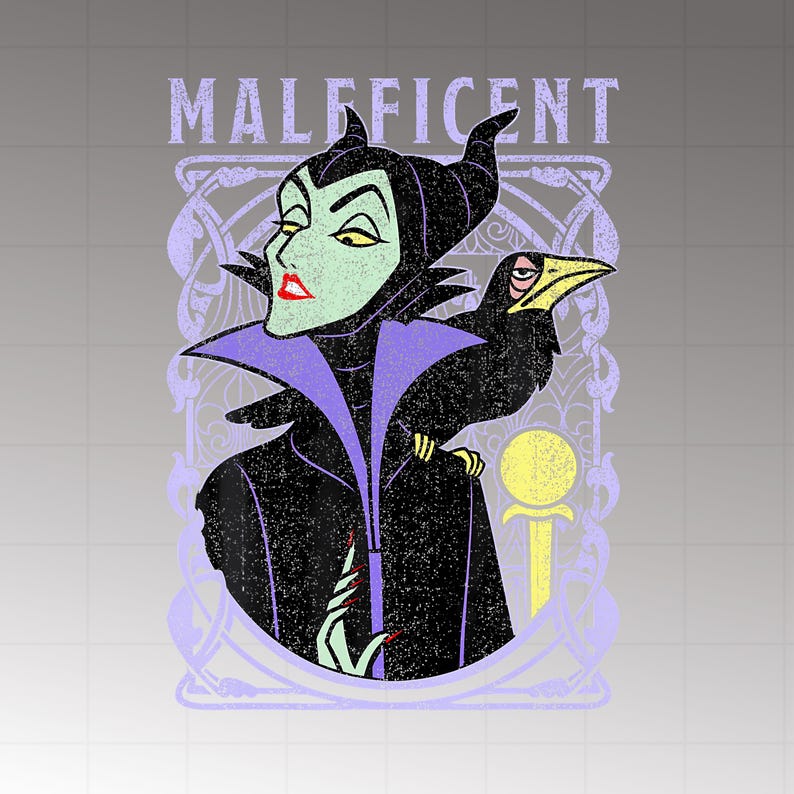 May include: Illustration of Maleficent with a raven on her shoulder. The image features Maleficent's green skin, black horns, and purple and black attire. The word "Maleficent" is above the character in a light purple font.