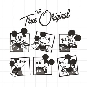 May include: Black and white graphic featuring six different poses of Mickey Mouse in square frames. The text "The True Original" is written above the images in a stylized font. The images are on a white background.
