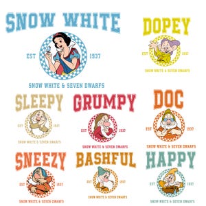 May include: A set of nine colourful illustrations featuring Snow White and the Seven Dwarfs. Each illustration features a different dwarf with their name in a large, bold font. The illustrations are surrounded by a chequered border and include the text "Snow White & Seven Dwarfs" and "Est. 1937".