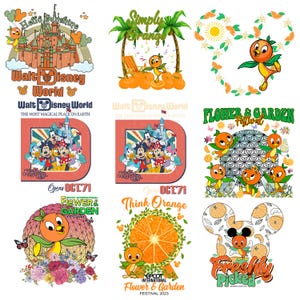 May include: Nine different designs for t-shirts featuring the Epcot International Flower & Garden Festival. The designs feature Mickey Mouse, Minnie Mouse, Donald Duck, Goofy, and Orange Bird. The text on the shirts includes "Hello Sunshine", "Simply Orange", "Flower & Garden Festival", "Open Oct 71", "Think Orange", "Epcot International Flower & Garden Festival 2023", and "Freshly Picked".