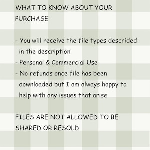 May include: Text on a light green and white checkered background. The text reads: "WHAT TO KNOW ABOUT YOUR PURCHASE" followed by bullet points about file types, personal and commercial use, and refund policies. The text also states that files are not allowed to be shared or resold.