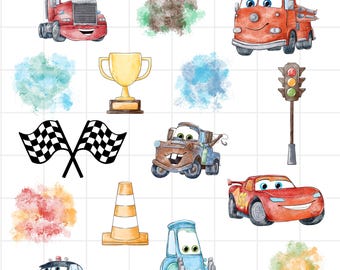 Watercolor Cars McQueen Bundle PNG Pack - 300 DPI - Watercolor Cars Clipart Instant Download, Mc Queen Png