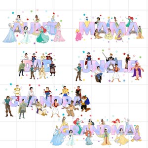 以下が含まれることがあります： ディズニーのキャラクターが「AUNT」、「MAMA」、「DAD」、「UNCLE」、「GRANDPA」、「GRANDMA」などの家族のタイトルを綴ったデジタルイラスト。各タイトルはパステルグラデーションで、星のアクセントが付いています。