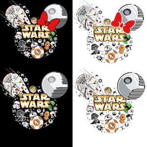 May include: A black and white illustration of a Mickey Mouse head with a red bow. The head is filled with Star Wars characters and objects, including a Millennium Falcon, Darth Vader, Yoda, and a Death Star. The text "STAR WARS" is written in gold letters across the top of the head.