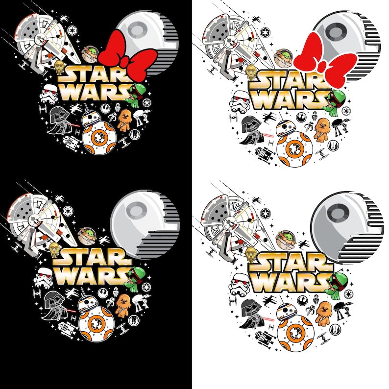 May include: A black and white illustration of a Mickey Mouse head with a red bow. The head is filled with Star Wars characters and objects, including a Millennium Falcon, Darth Vader, Yoda, and a Death Star. The text "STAR WARS" is written in gold letters across the top of the head.