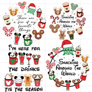 Może przedstawiać: Świąteczny motyw z uszami Myszki Miki, cukrowymi laskami i kubkami. Tekst zawiera zwroty takie jak "There are a few of my favorite things" i "I'm here for the drinks".