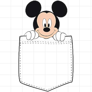May include: A cartoon illustration of Mickey Mouse peeking over a white pocket. Mickey Mouse has black ears, a black nose, and a smiling face. The pocket is outlined in black with a dashed stitch design.