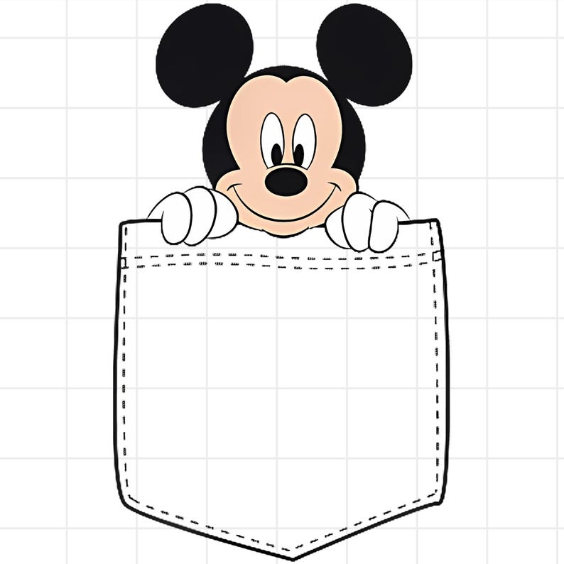 May include: A cartoon illustration of Mickey Mouse peeking over a white pocket. Mickey Mouse has black ears, a black nose, and a smiling face. The pocket is outlined in black with a dashed stitch design.