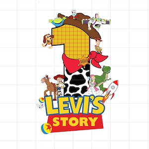 May include: A colorful graphic featuring the number one with a cowboy hat and a red bandana. Toy Story characters surround the number, with the text "Levi's Story" at the bottom. A rocket ship is also included.