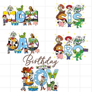 Könnte beinhalten: Bunte Grafikdesigns mit Charakteren aus einem beliebten Animationsfilm. Die Designs schreiben "Mama", "Papa", "Schwester", "Bruder" und "Junge", mit dem Wort "Geburtstag" in Schreibschrift. Jedes Design enthält verschiedene Charakterillustrationen.