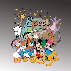 May include: A colorful graphic featuring Disney characters including Mickey Mouse, Minnie Mouse, Donald Duck, Daisy Duck, Goofy, and Pluto. The word "Epcot" is displayed with a stylized globe and a wand with stars.