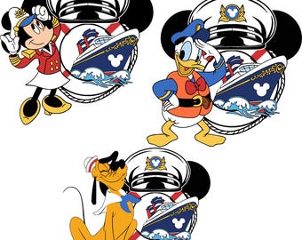 May include: Three cartoon characters, Mickey Mouse, Donald Duck, and Goofy, dressed as ship captains with a blue and white ship behind them. Each character has a red, white, and blue captain's hat with a gold Mickey Mouse emblem.