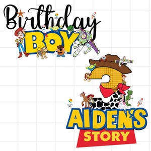 Puede incluir: Un gráfico colorido con temática de cumpleaños que presenta personajes y texto de la película animada Toy Story. El diseño incluye las palabras "Birthday Boy" y "Aiden's Story", junto con el número "3".