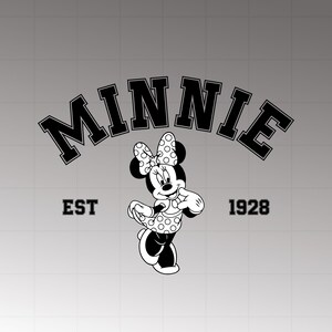 May include: Black and white graphic of Minnie Mouse with a polka dot bow and dress. The word "MINNIE" arches above her, with "EST 1928" on either side, all in a bold, collegiate font. The background is a light gray.