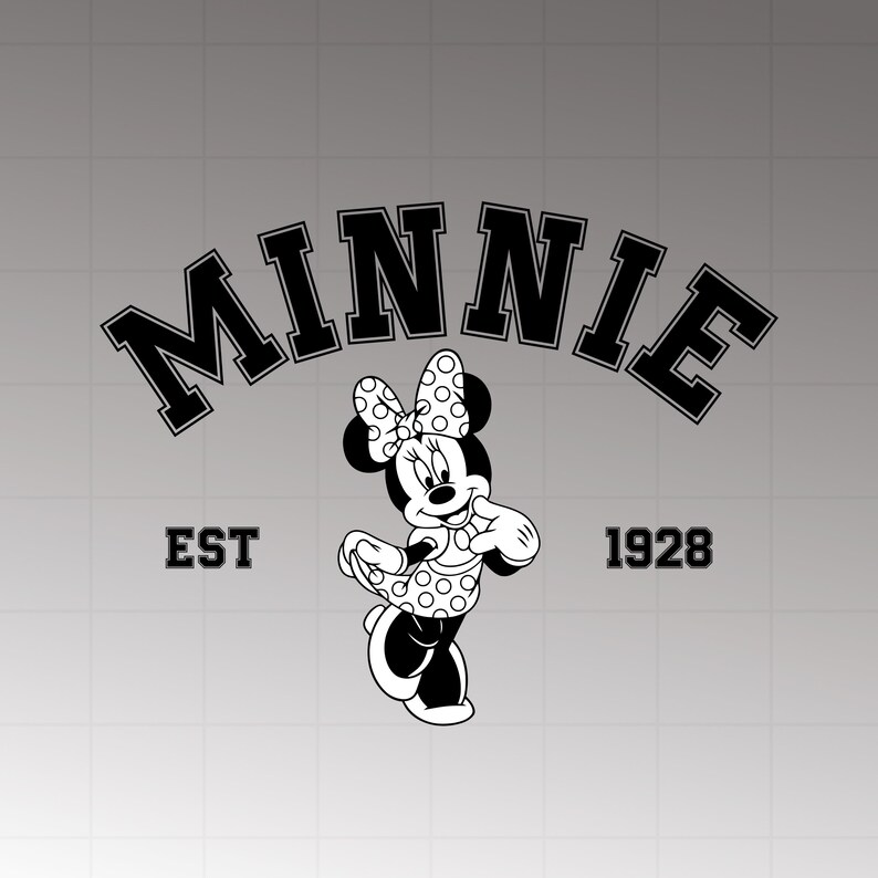 May include: Black and white graphic of Minnie Mouse with a polka dot bow and dress. The word "MINNIE" arches above her, with "EST 1928" on either side, all in a bold, collegiate font. The background is a light gray.
