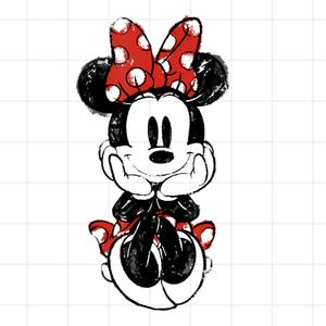 Puede incluir: Ilustración en blanco y negro de Minnie Mouse con un lazo rojo de lunares. Minnie está sentada con las manos bajo la barbilla, con una falda y zapatos rojos de lunares. La imagen tiene un estilo esbozado.