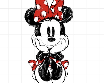 Minnie Mouse Hand Draw PNG Clipart, Cute Minnie Face with Red Bow, Watercolor Cartoon Design, Sublimation Graphic