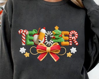 Nome personalizzato insegnante Png, filato finto natalizio Teach Png, filato con uncinetto, sublimazione personalizzata, ricamo finto, download digitale di Natale