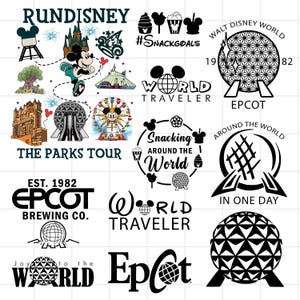 Op de afbeelding: Een verzameling Disney-thema grafische ontwerpen in zwart, wit en kleur. Bevat teksten als "Rundisney", "The Parks Tour", "World Traveler" en "Epcot Brewing Co.", samen met diverse iconen en logo's.