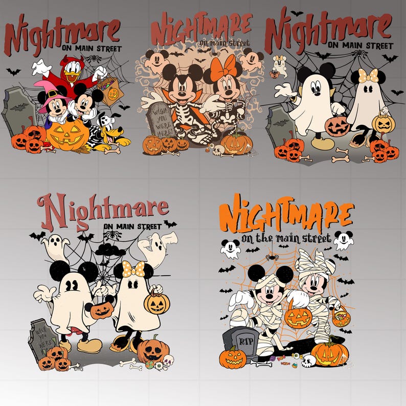 May include: A collection of Halloween-themed designs featuring Mickey Mouse, Minnie Mouse, Donald Duck, and other Disney characters. The designs include pumpkins, ghosts, and the text "Nightmare on Main Street".