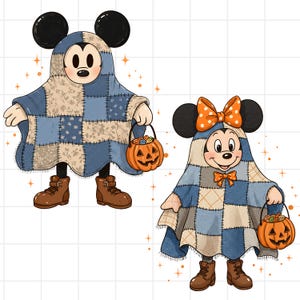May include: Two cartoon characters dressed as ghosts for Halloween. One character has black ears and is wearing a blue and beige patchwork ghost costume and brown boots. The other character has a bow and is wearing a similar costume and boots, holding a pumpkin basket.