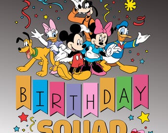 May include: A colorful graphic featuring Disney characters Mickey Mouse, Minnie Mouse, Donald Duck, Daisy Duck, Goofy, and Pluto. The text "BIRTHDAY SQUAD" is displayed below the characters on colorful banners. Confetti and stars are scattered around the image.
