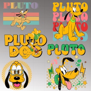 Puede incluir: Una colección de gráficos de Pluto el Perro en varias poses y estilos. Los diseños presentan a Pluto en amarillo con orejas negras y un collar verde, a menudo con la palabra "PLUTO" en negrita, con fuentes coloridas. Algunos diseños incluyen rayas retro, flores y rayos.