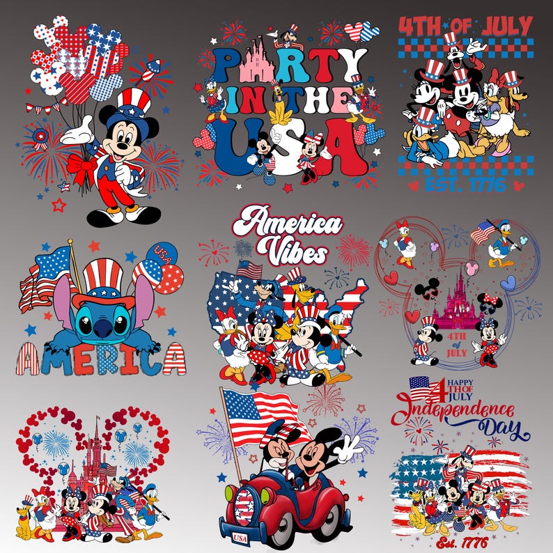 May include: Collection of patriotic designs featuring Disney characters celebrating the 4th of July. Mickey Mouse, Donald Duck, and Stitch are depicted with American flags, fireworks, and the text "Party in the USA" and "America Vibes".