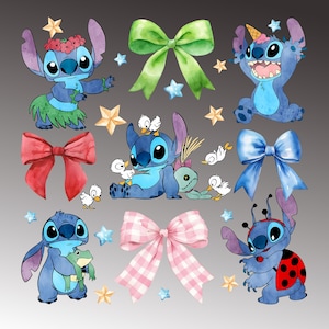 May include: A collection of watercolour illustrations featuring the character Stitch from Lilo & Stitch. The images include Stitch in various poses, bows, stars, and other decorative elements. The colour palette includes blue, green, pink, and yellow.