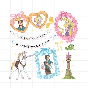 May include: A collection of cartoon illustrations featuring characters and elements from a fairy tale. Includes heart-shaped glasses, framed portraits, a horse, a tower, and the text "YOU WERE MY NEW DREAM."