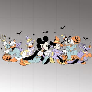 May include: A Halloween-themed illustration featuring Disney characters in costumes. Donald Duck, Daisy Duck, Mickey Mouse, Minnie Mouse, Goofy, and Pluto are depicted in various outfits, including a devil, witch, and pumpkin. Bats and stars are scattered across the background.