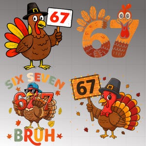 Könnte beinhalten: Eine Sammlung von Illustrationen zum Thema Thanksgiving mit Cartoon-Truthähnen. Ein Truthahn hält ein Schild mit der Nummer 67, während ein anderer eine Sonnenbrille und eine Baseballkappe trägt. Weitere Bilder zeigen die Zahlen 6 und 7 sowie das Wort "BRUH".