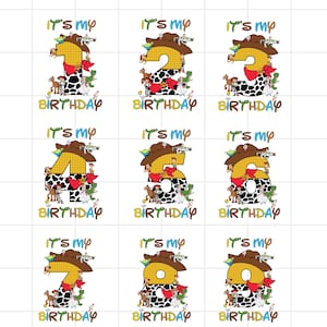 May include: Nine digital designs for birthdays, each showcasing a number from 1 to 9. The designs incorporate a cowboy hat, a cow-print pattern, and cartoon characters. The text "It's my Birthday" is included in each design.