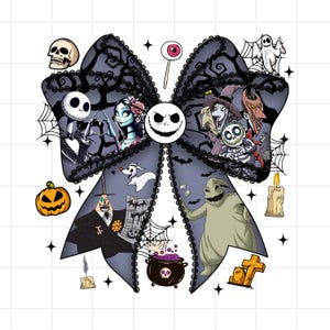 May include: A large, decorative bow featuring characters from The Nightmare Before Christmas. The bow is primarily gray with black lace detailing and a beaded border. Characters include Jack Skellington, Sally, and Oogie Boogie, along with other Halloween-themed elements.