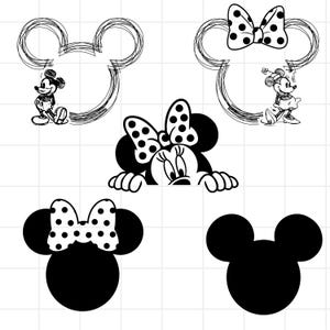 Könnte beinhalten: Schwarz-Weiß-Illustrationen von Mickey und Minnie Mouse. Das Bild enthält Skizzen von Mickey Mouse, Minnie Mouse mit einer gepunkteten Schleife und Silhouetten von Mickey und Minnie Mouse.