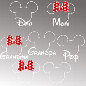 May include: White Mickey Mouse head outlines with family titles: Dad, Mom, Grandpa, Grandma, and Pop. The Mom and Grandma designs include a red bow with white polka dots. Ideal for family-themed crafts.