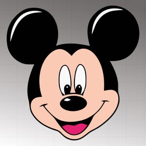May include: A cartoon illustration of Mickey Mouse's face. The character has large black ears, a black nose, and a smiling mouth with a pink tongue. The face is a light peach color, and the eyes are white with black pupils.