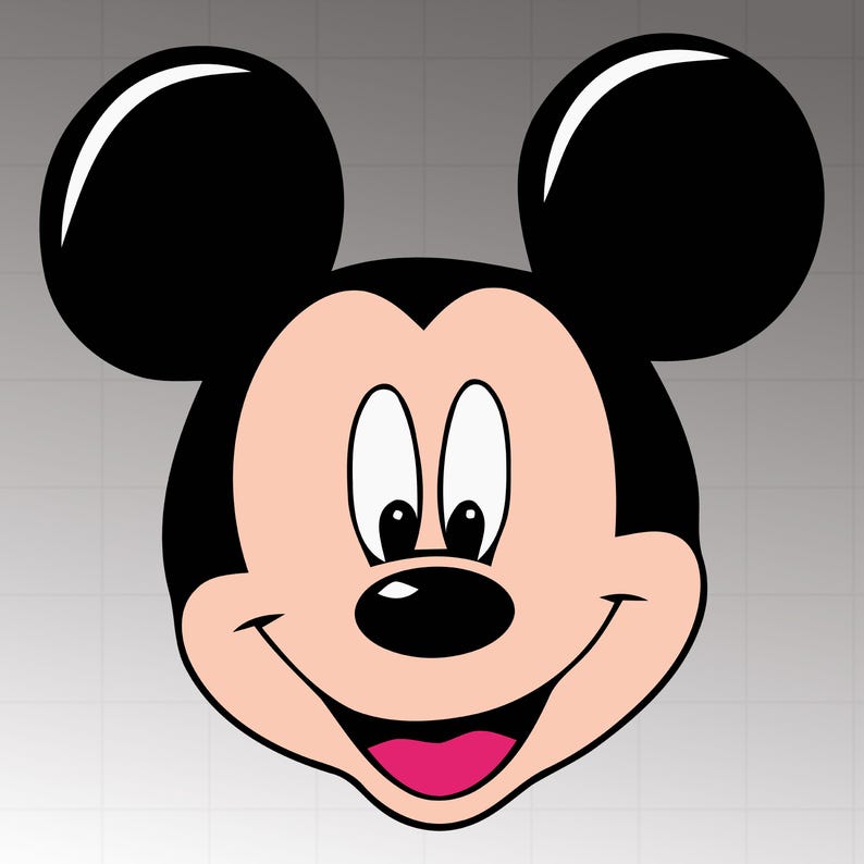 May include: A cartoon illustration of Mickey Mouse's face. The character has large black ears, a black nose, and a smiling mouth with a pink tongue. The face is a light peach color, and the eyes are white with black pupils.