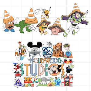 May include: A collection of cartoon character illustrations, including Mr. Potato Head, Rex the dinosaur, Slinky Dog, Hamm, and Buzz Lightyear, all wearing orange traffic cones. Additional graphics include the Hollywood Studios logo, Mickey Mouse, and Toy Story Land.