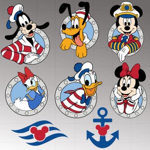 May include: Set of cartoon character stickers featuring Goofy, Pluto, Mickey Mouse, Daisy Duck, Donald Duck, and Minnie Mouse. Each character is framed in a porthole design. Also included are a Disney Cruise Line logo and a Mickey Mouse anchor.