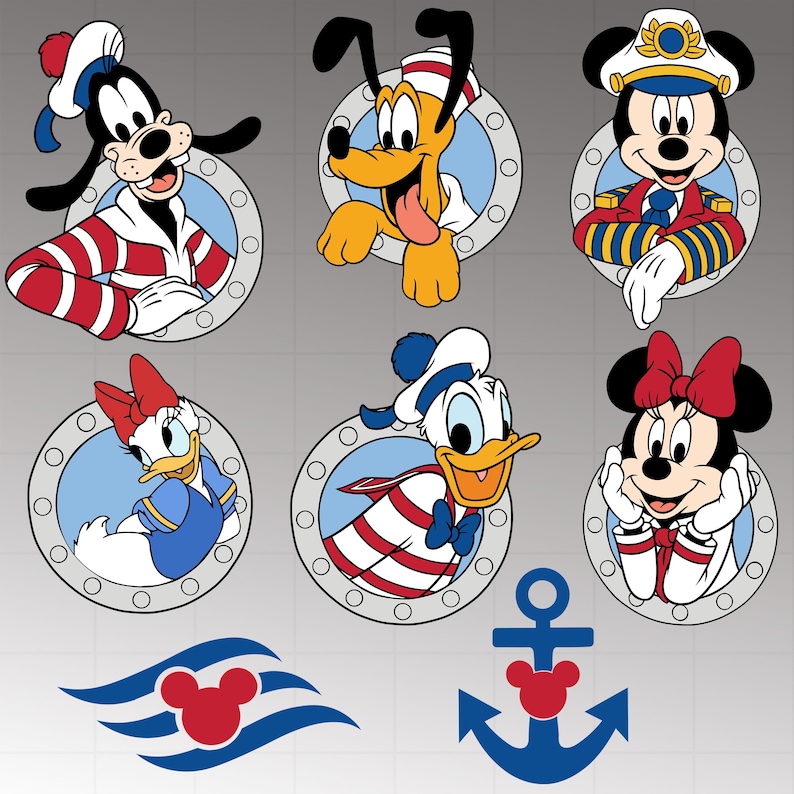 May include: Set of cartoon character stickers featuring Goofy, Pluto, Mickey Mouse, Daisy Duck, Donald Duck, and Minnie Mouse. Each character is framed in a porthole design. Also included are a Disney Cruise Line logo and a Mickey Mouse anchor.