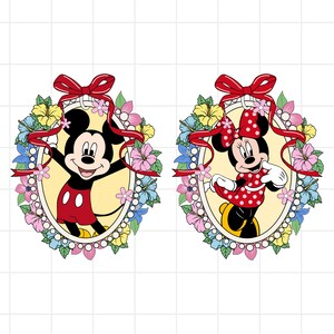 May include: Two oval-shaped illustrations of Mickey and Minnie Mouse. Mickey is in red shorts and Minnie in a red polka-dot dress. Both are surrounded by floral wreaths with red bows and ribbons.