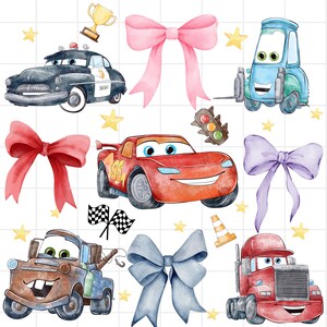 May include: A watercolour illustration of cartoon cars, bows, and stars. Includes a police car, a red race car with the number 95, and a tow truck. Also includes a trophy, traffic light, checkered flags, and a traffic cone.