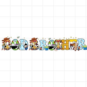 Può includere: Un design grafico che mostra il testo GODBROTHER in grandi lettere in grassetto. Ogni lettera è riempita con motivi e personaggi del franchise Toy Story, tra cui Woody, Buzz Lightyear e altre figure su sfondi a cielo azzurro e a quadri.