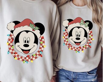 Disney Couple Christmas Png, Disneyland Christmas Png, Mouse Mic And Mini Checkered Png, Christmas Lights Png, Christmas Trip Png