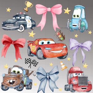 May include: Watercolour illustrations of cartoon cars, bows, stars, a trophy, a traffic light, and a traffic cone. The cars include a police car, a red race car, a blue tow truck, a blue forklift, and a red truck.