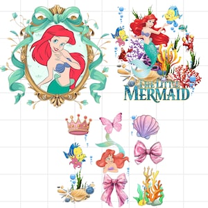 May include: A selection of vibrant illustrations featuring characters and elements from "The Little Mermaid." Includes Ariel in a gold frame, Ariel with sea creatures, a crown, a butterfly, a seashell, and bows.