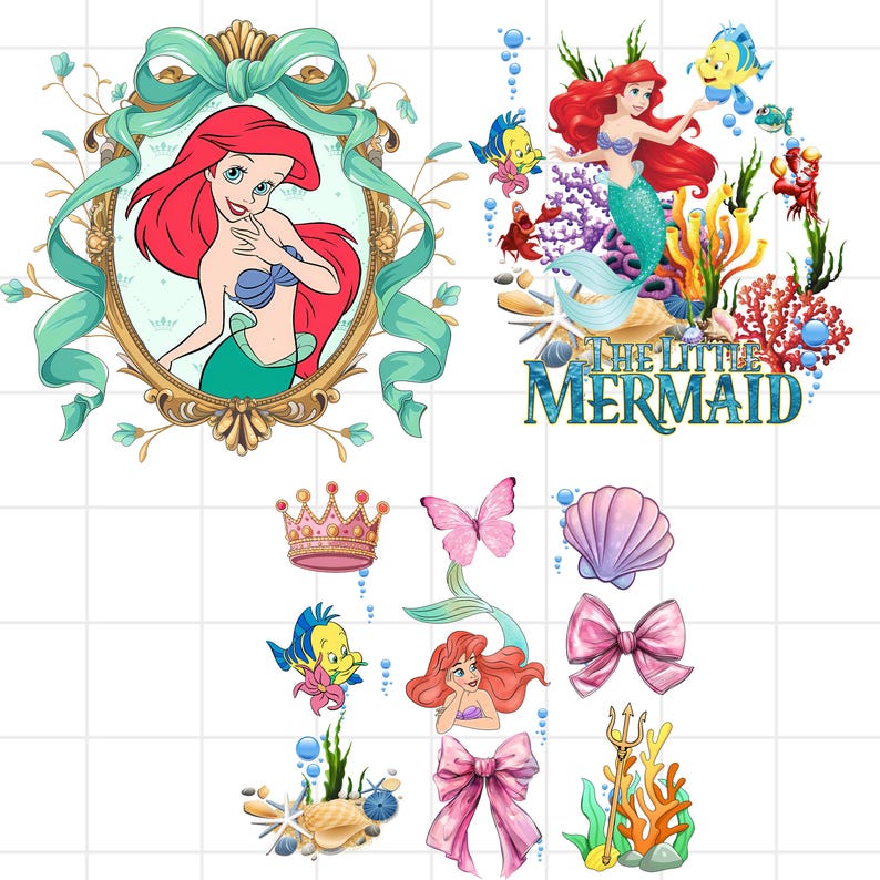 Op de afbeelding: Een verzameling kleurrijke illustraties met personages en elementen uit "De Kleine Zeemeermin". Bevat Ariel in een gouden lijst, Ariel met zeedieren, een kroon, een vlinder, een schelp en strikken.