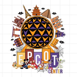 May include: A Halloween-themed graphic featuring the Epcot Center logo with a geometric design in orange and purple. The image includes cartoon characters dressed in costumes, bats, and spiderwebs. The word "EPCOT CENTER" is displayed.